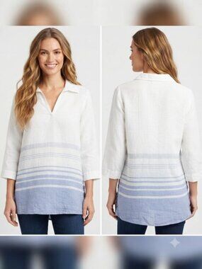 Sigrid Olsen 100% Linen Tunic Top Women’s Size Small Blue White Striped Beachy